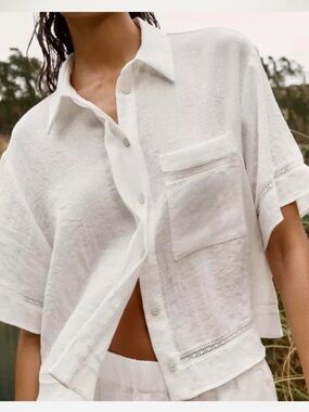 Zara White Linen Button-Down Crop Shirt